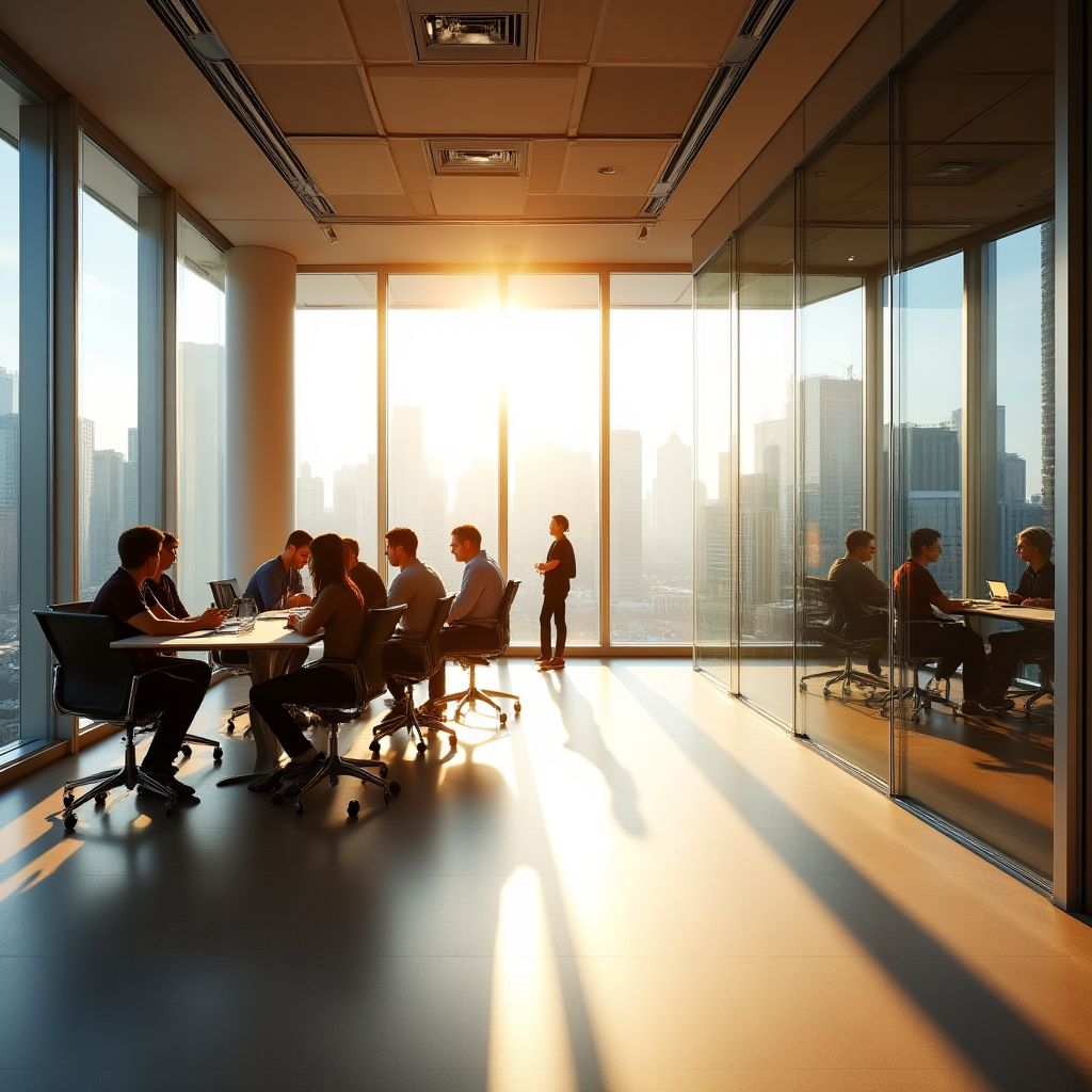 Oficina moderna de FinanzaGlobal con vista a la ciudad.